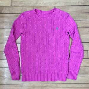 Polo Ralph Lauren Pink Cable Knit Crew Neck Sweater Green Pony Logo Slim Fit